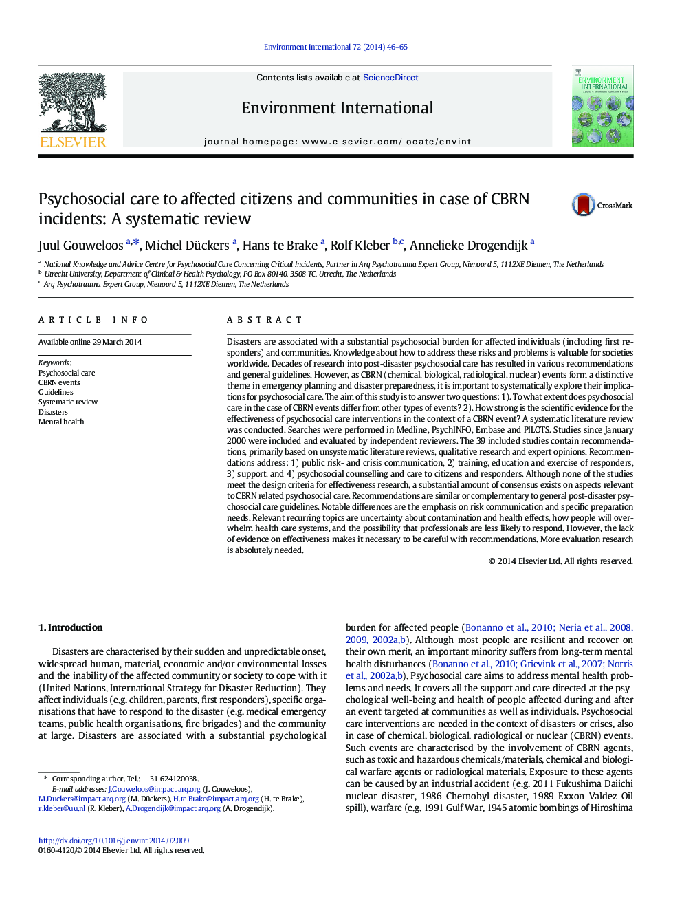 Psychosocial care to affected citizens and communities in case of CBRN incidents: A systematic review