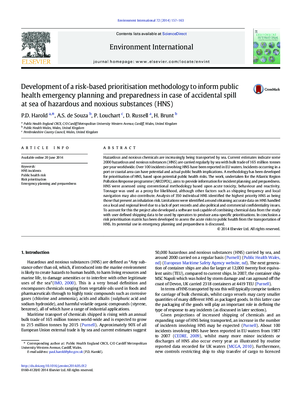 Development of a risk-based prioritisation methodology to inform public health emergency planning and preparedness in case of accidental spill at sea of hazardous and noxious substances (HNS)