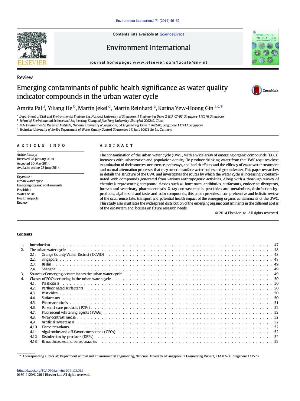 Emerging contaminants of public health significance as water quality indicator compounds in the urban water cycle