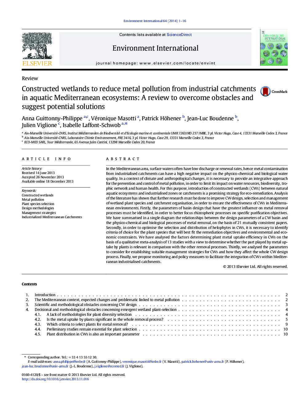 Constructed wetlands to reduce metal pollution from industrial catchments in aquatic Mediterranean ecosystems: A review to overcome obstacles and suggest potential solutions