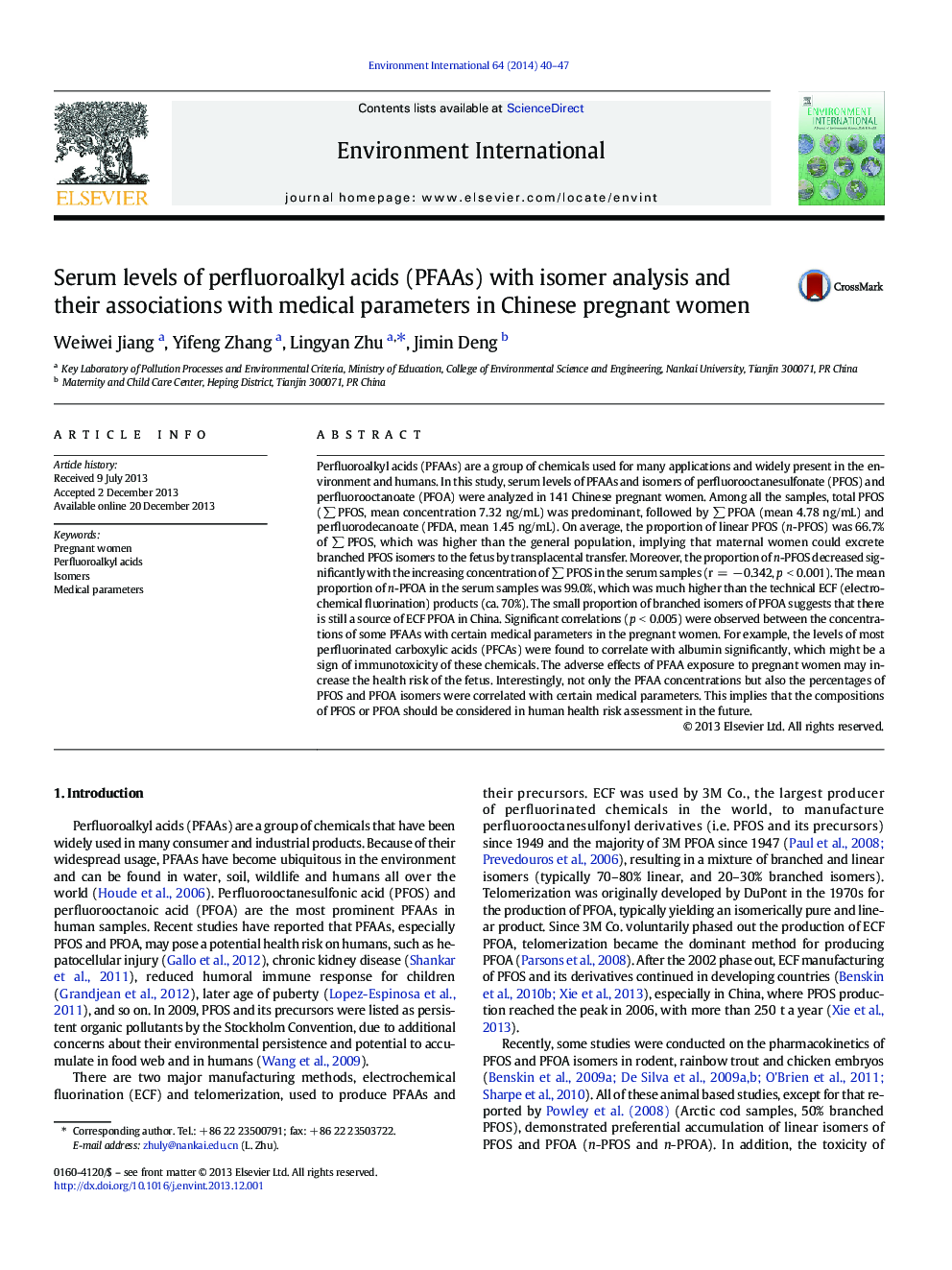 Serum levels of perfluoroalkyl acids (PFAAs) with isomer analysis and their associations with medical parameters in Chinese pregnant women