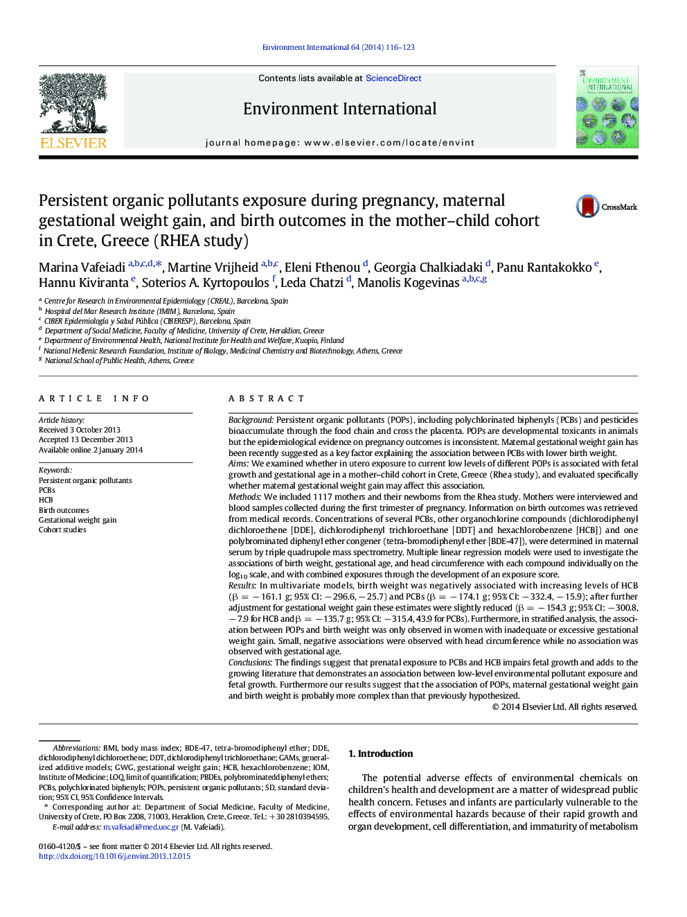 Persistent organic pollutants exposure during pregnancy, maternal gestational weight gain, and birth outcomes in the mother–child cohort in Crete, Greece (RHEA study)