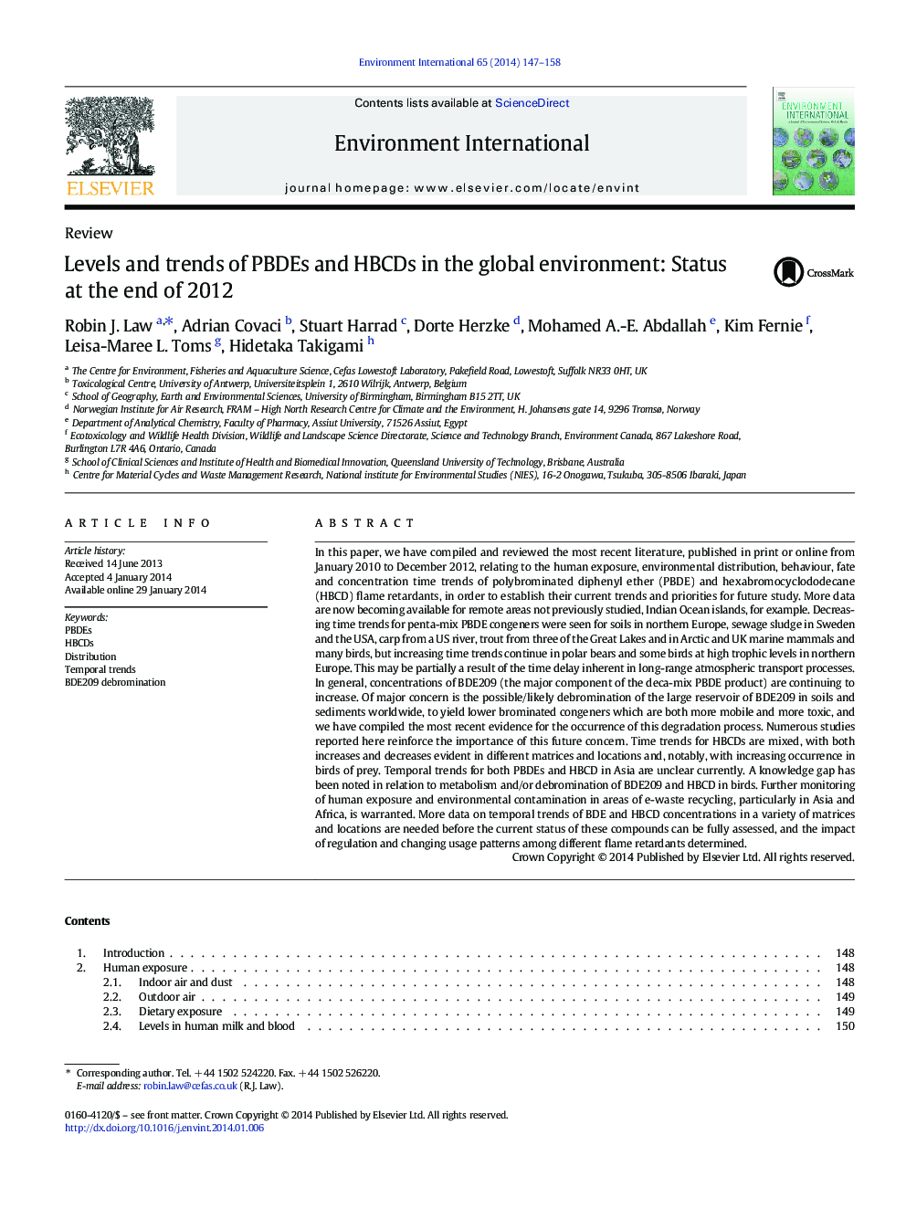 Levels and trends of PBDEs and HBCDs in the global environment: Status at the end of 2012