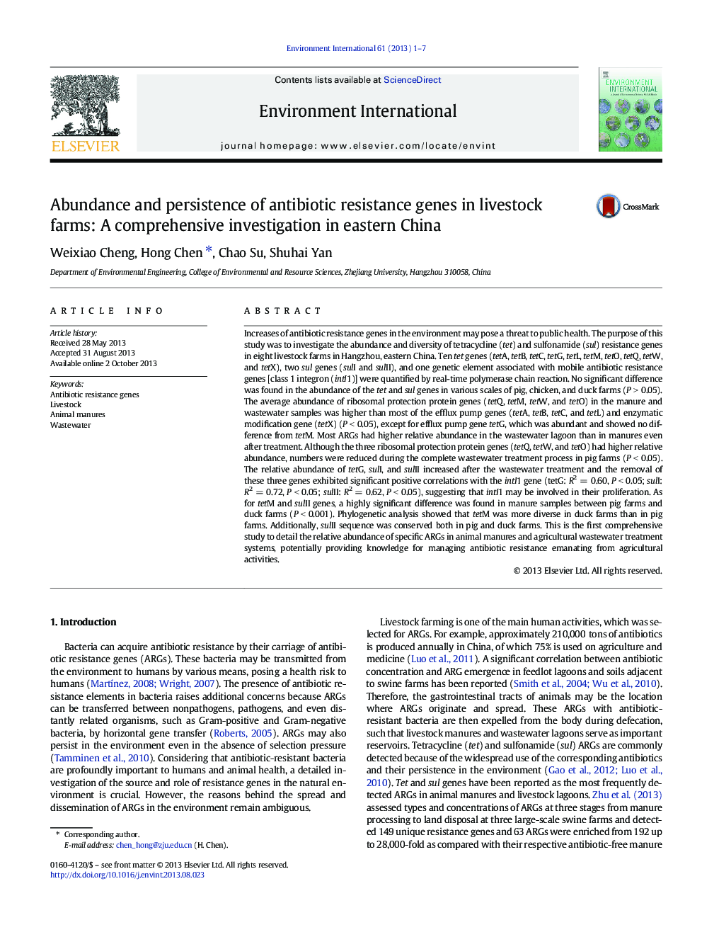 Abundance and persistence of antibiotic resistance genes in livestock farms: A comprehensive investigation in eastern China