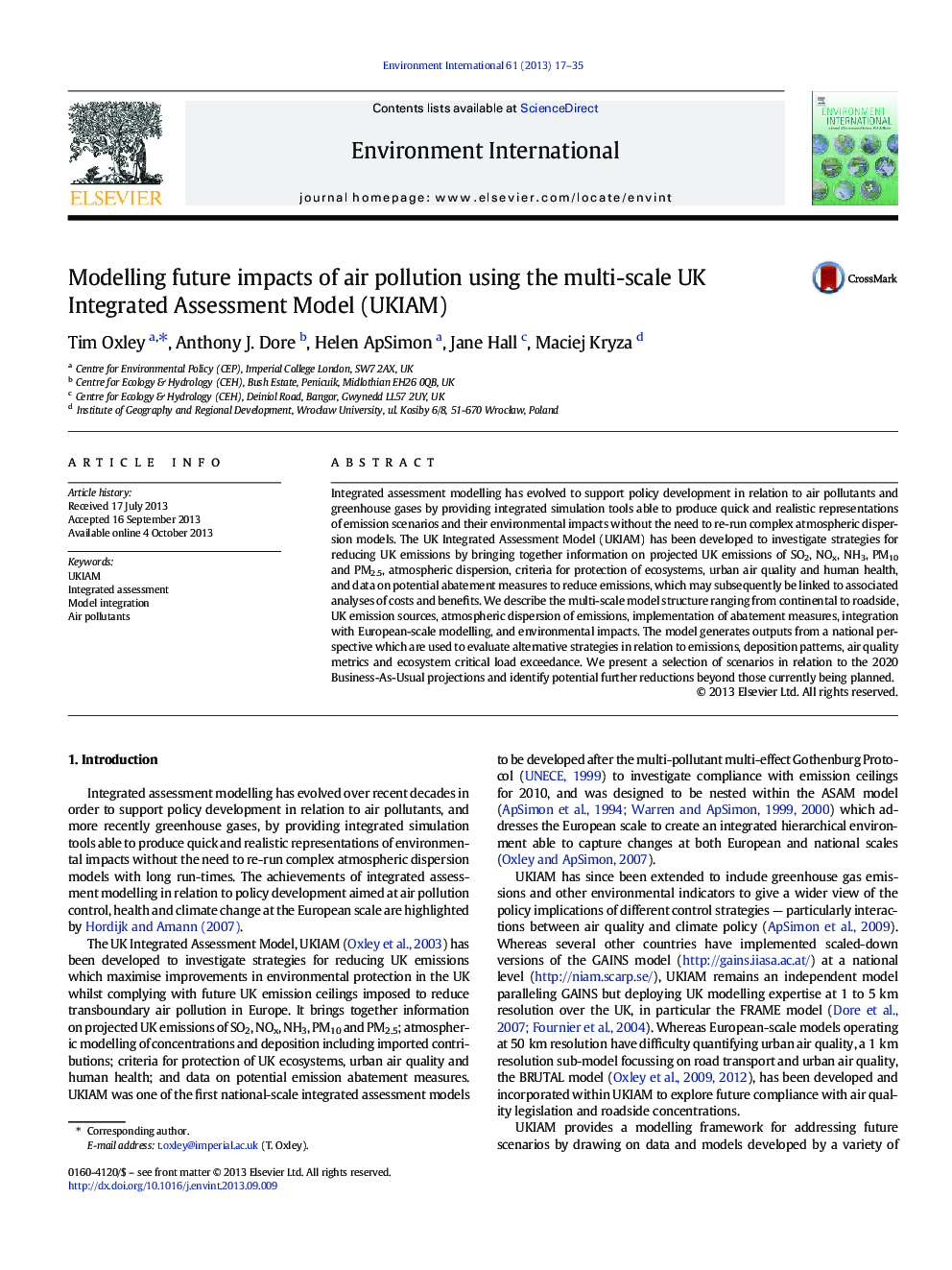 عکس صفحه اول مقاله: Modelling future impacts of air pollution using the multi-scale UK Integrated Assessment Model (UKIAM) Modelling future impacts of air pollution using the multi-scale UK Integrated Assessment Model (UKIAM)