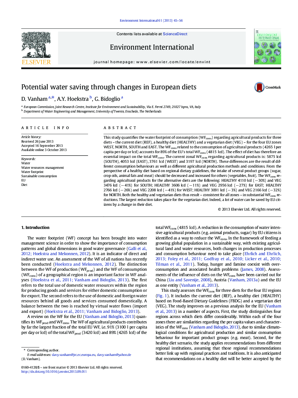 Potential water saving through changes in European diets