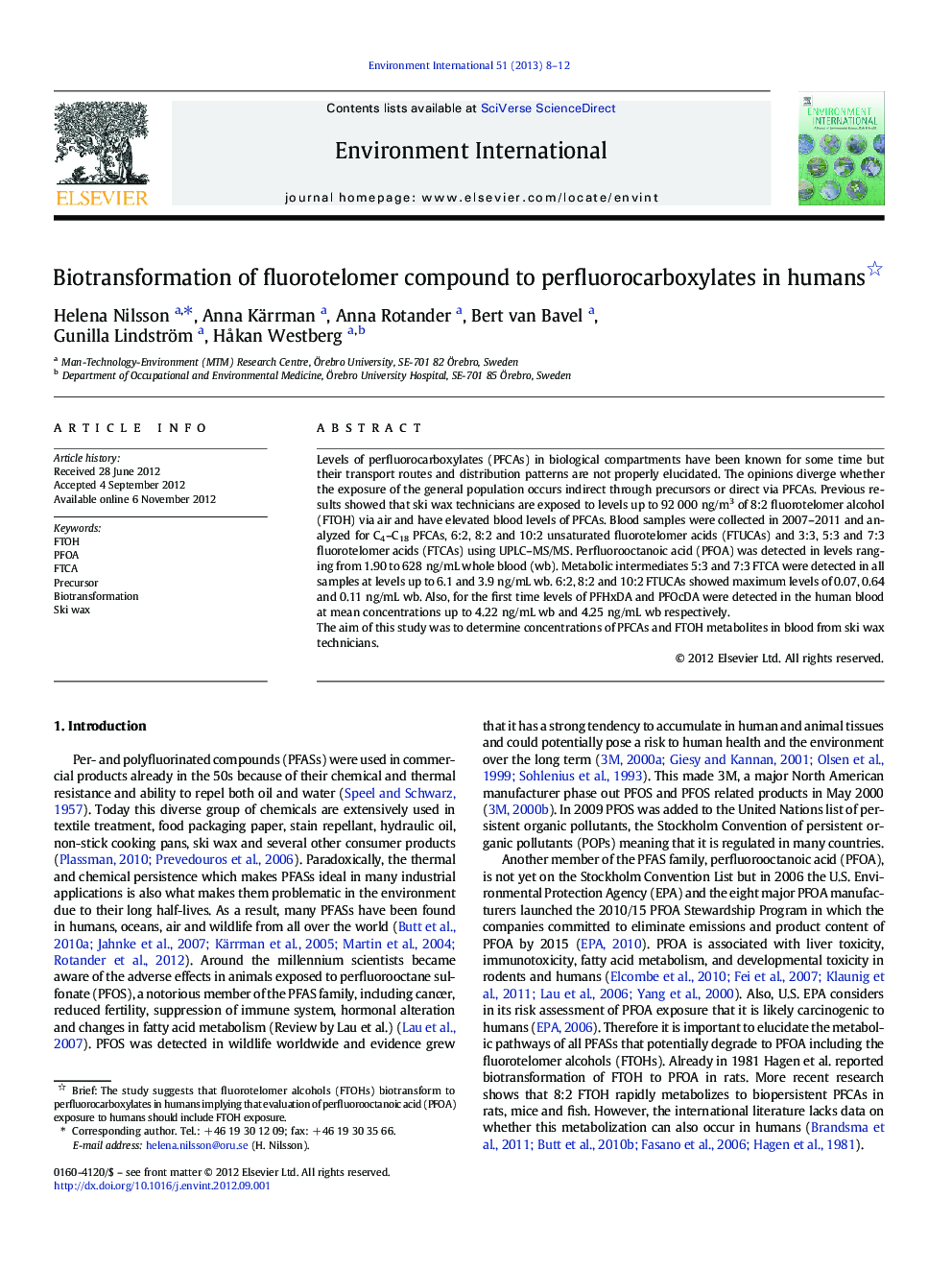 Biotransformation of fluorotelomer compound to perfluorocarboxylates in humans 