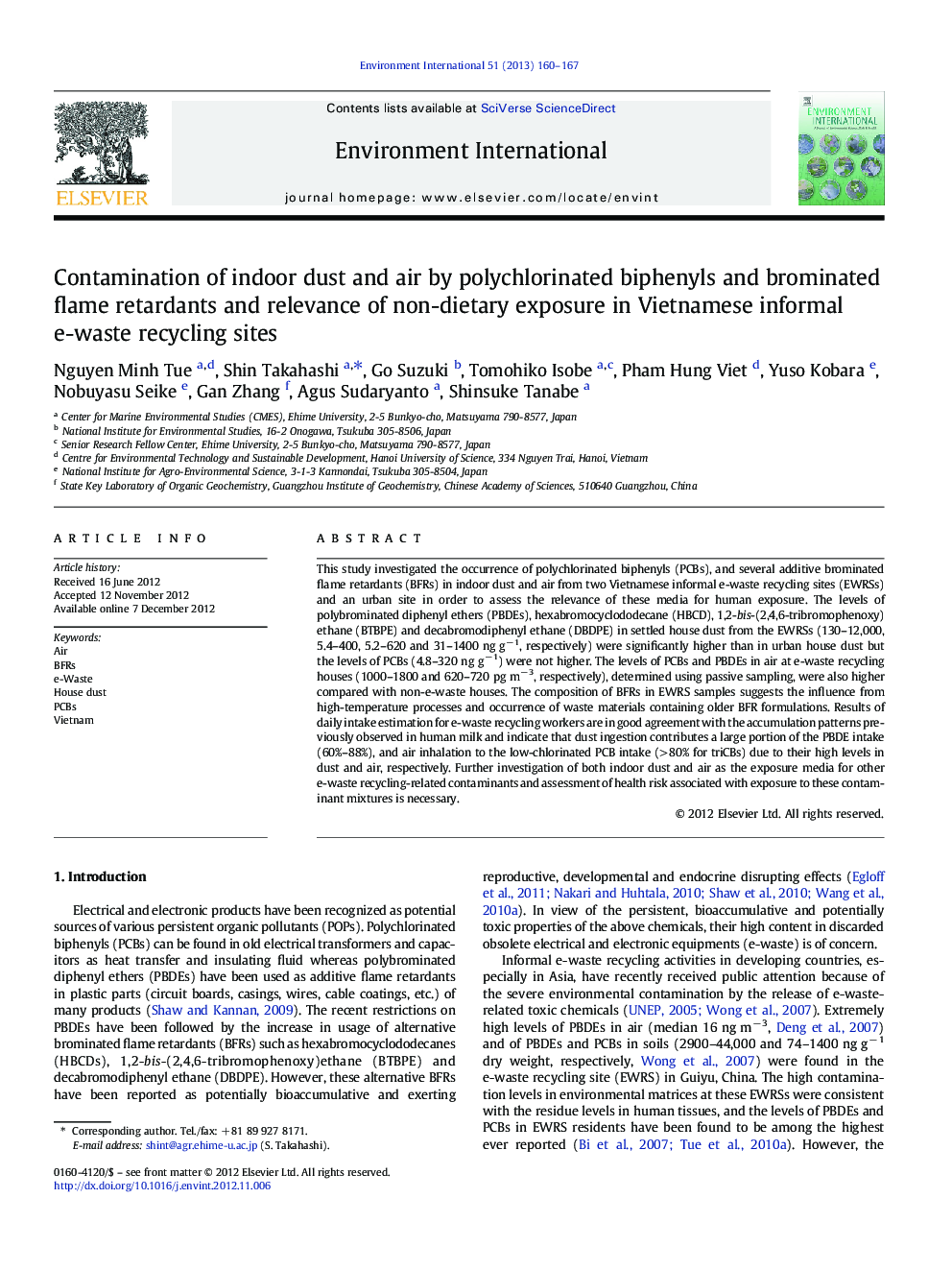 Contamination of indoor dust and air by polychlorinated biphenyls and brominated flame retardants and relevance of non-dietary exposure in Vietnamese informal e-waste recycling sites