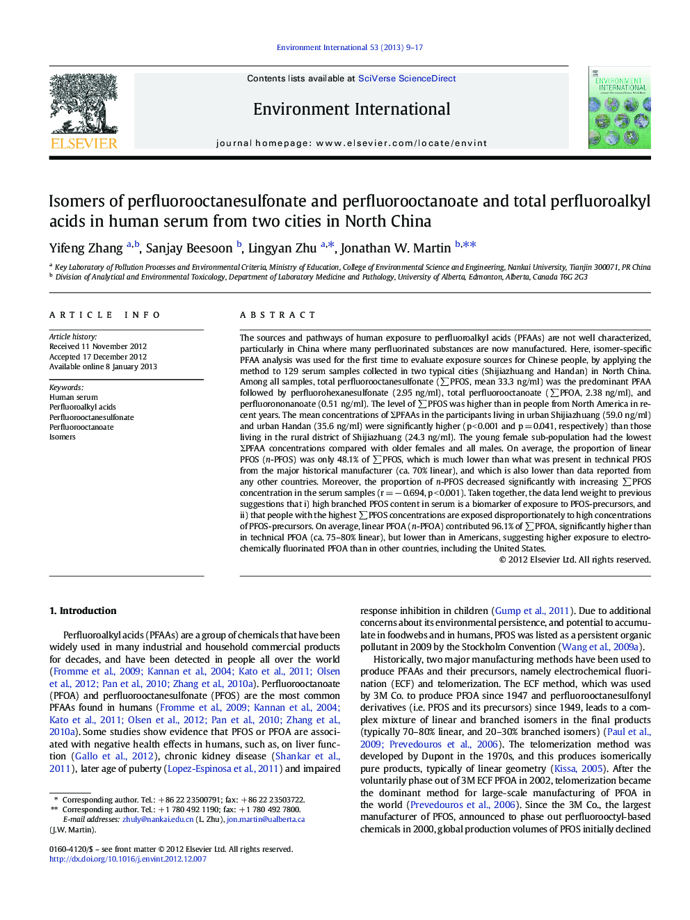 Isomers of perfluorooctanesulfonate and perfluorooctanoate and total perfluoroalkyl acids in human serum from two cities in North China