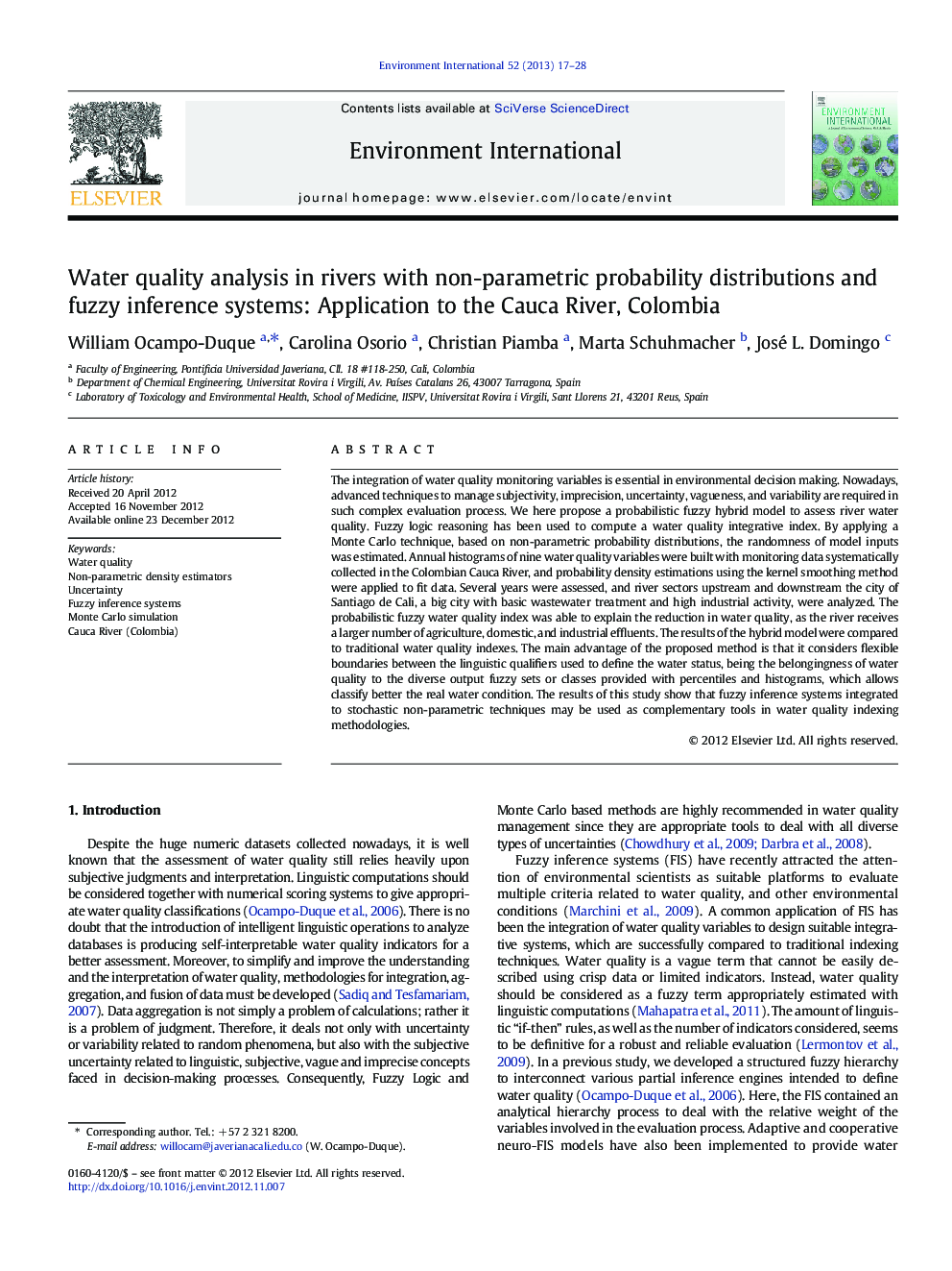 Water quality analysis in rivers with non-parametric probability distributions and fuzzy inference systems: Application to the Cauca River, Colombia