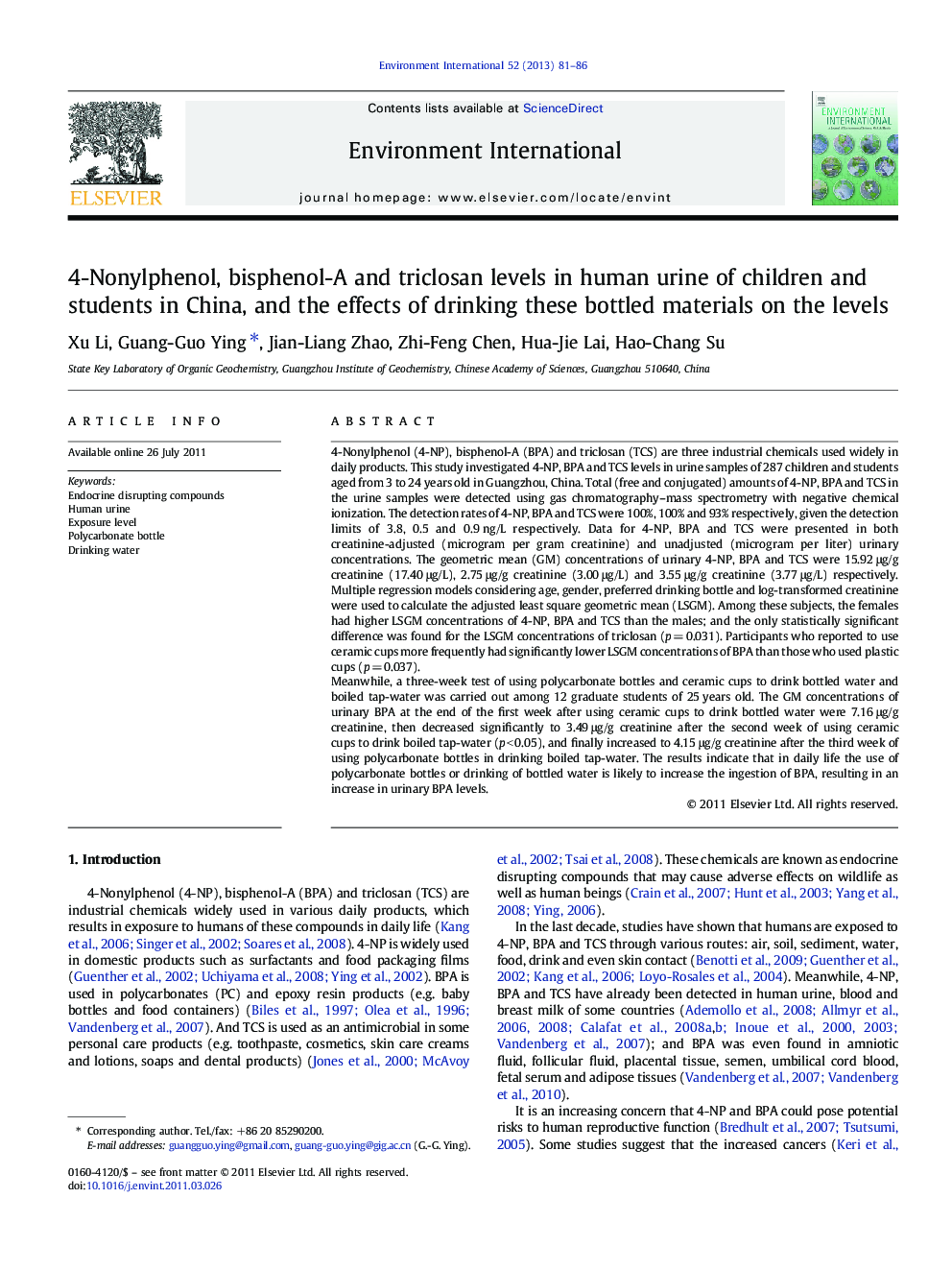 4-Nonylphenol, bisphenol-A and triclosan levels in human urine of children and students in China, and the effects of drinking these bottled materials on the levels