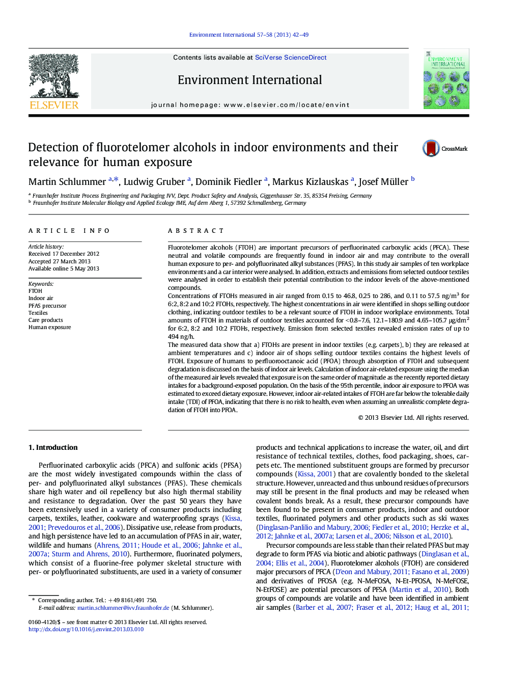 Detection of fluorotelomer alcohols in indoor environments and their relevance for human exposure