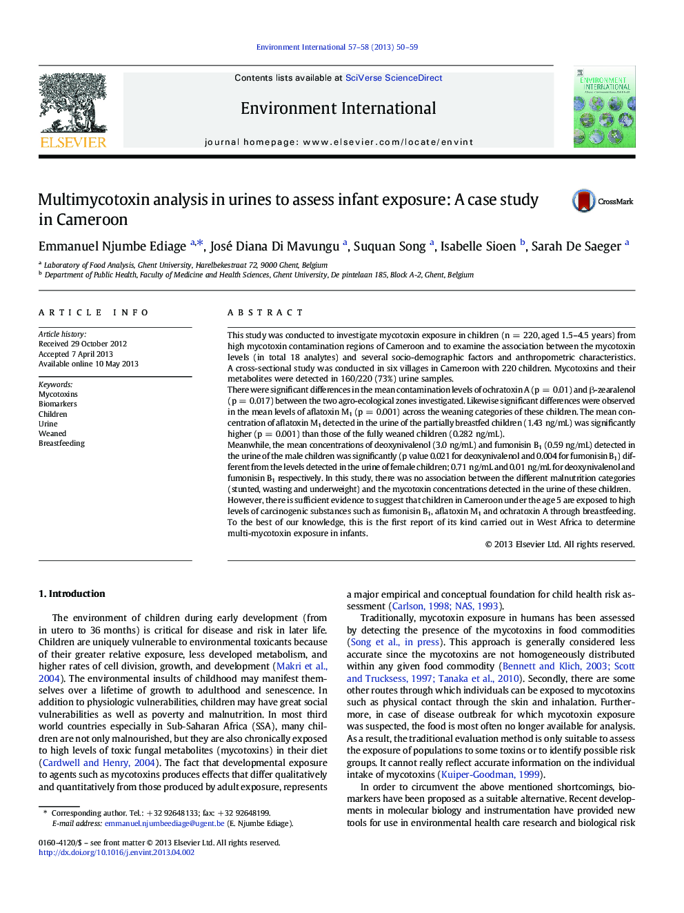 Multimycotoxin analysis in urines to assess infant exposure: A case study in Cameroon