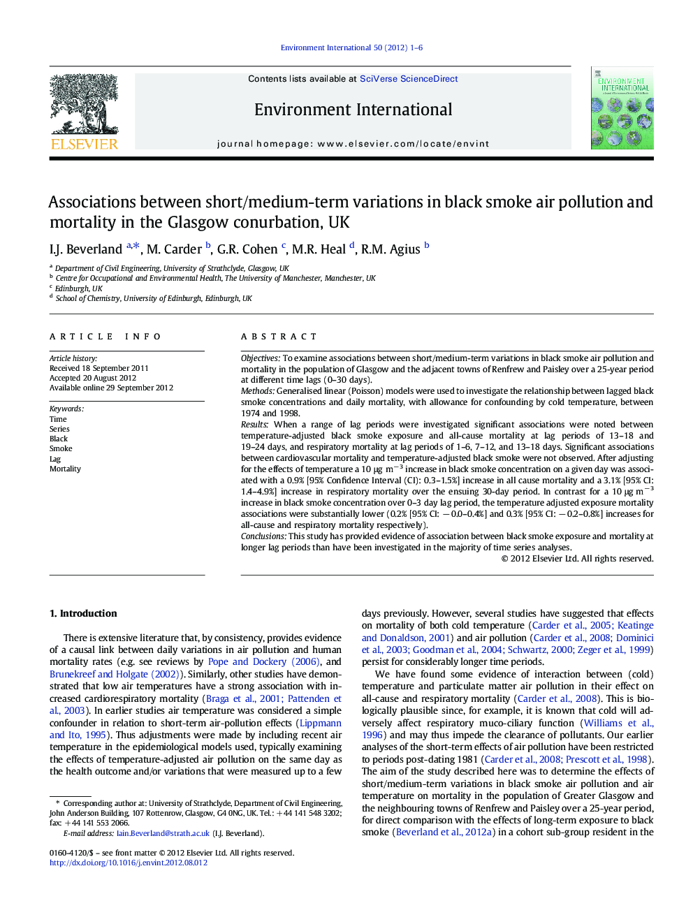 Associations between short/medium-term variations in black smoke air pollution and mortality in the Glasgow conurbation, UK