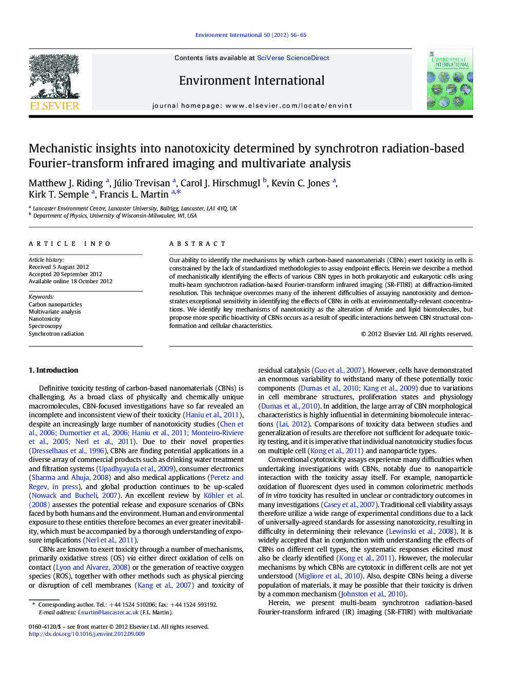 Mechanistic insights into nanotoxicity determined by synchrotron radiation-based Fourier-transform infrared imaging and multivariate analysis