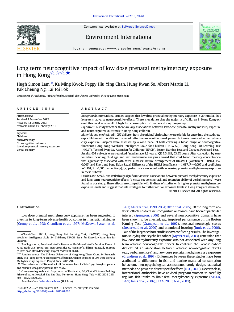 Long term neurocognitive impact of low dose prenatal methylmercury exposure in Hong Kong ★