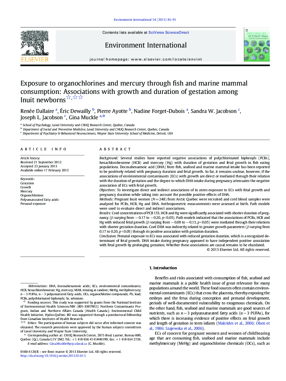 Exposure to organochlorines and mercury through fish and marine mammal consumption: Associations with growth and duration of gestation among Inuit newborns 