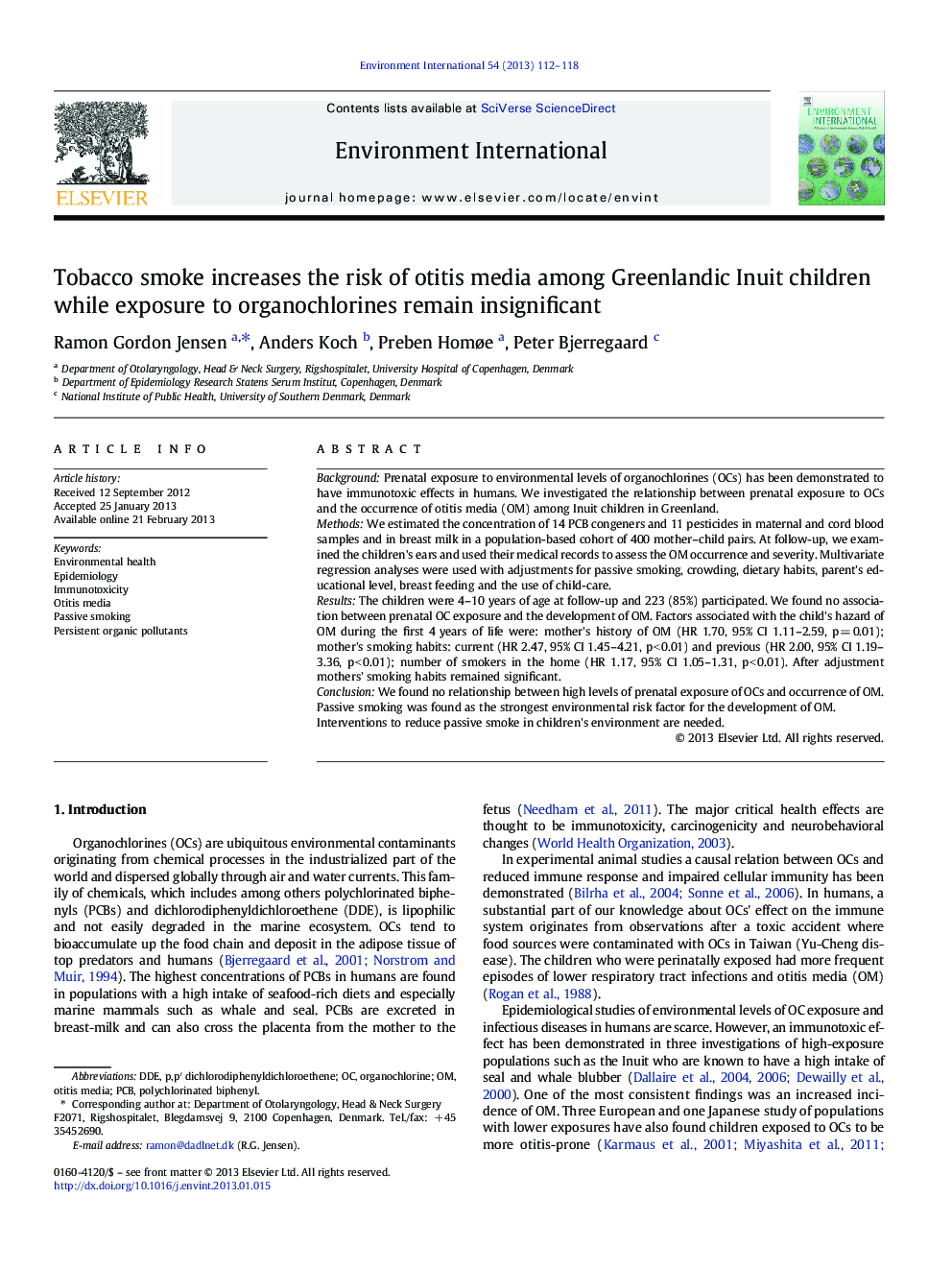 Tobacco smoke increases the risk of otitis media among Greenlandic Inuit children while exposure to organochlorines remain insignificant