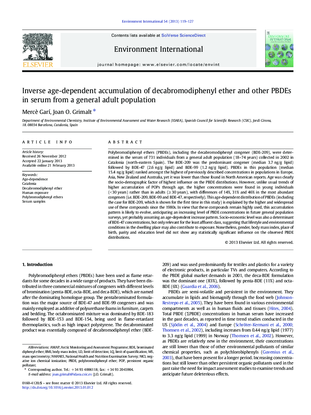 Inverse age-dependent accumulation of decabromodiphenyl ether and other PBDEs in serum from a general adult population