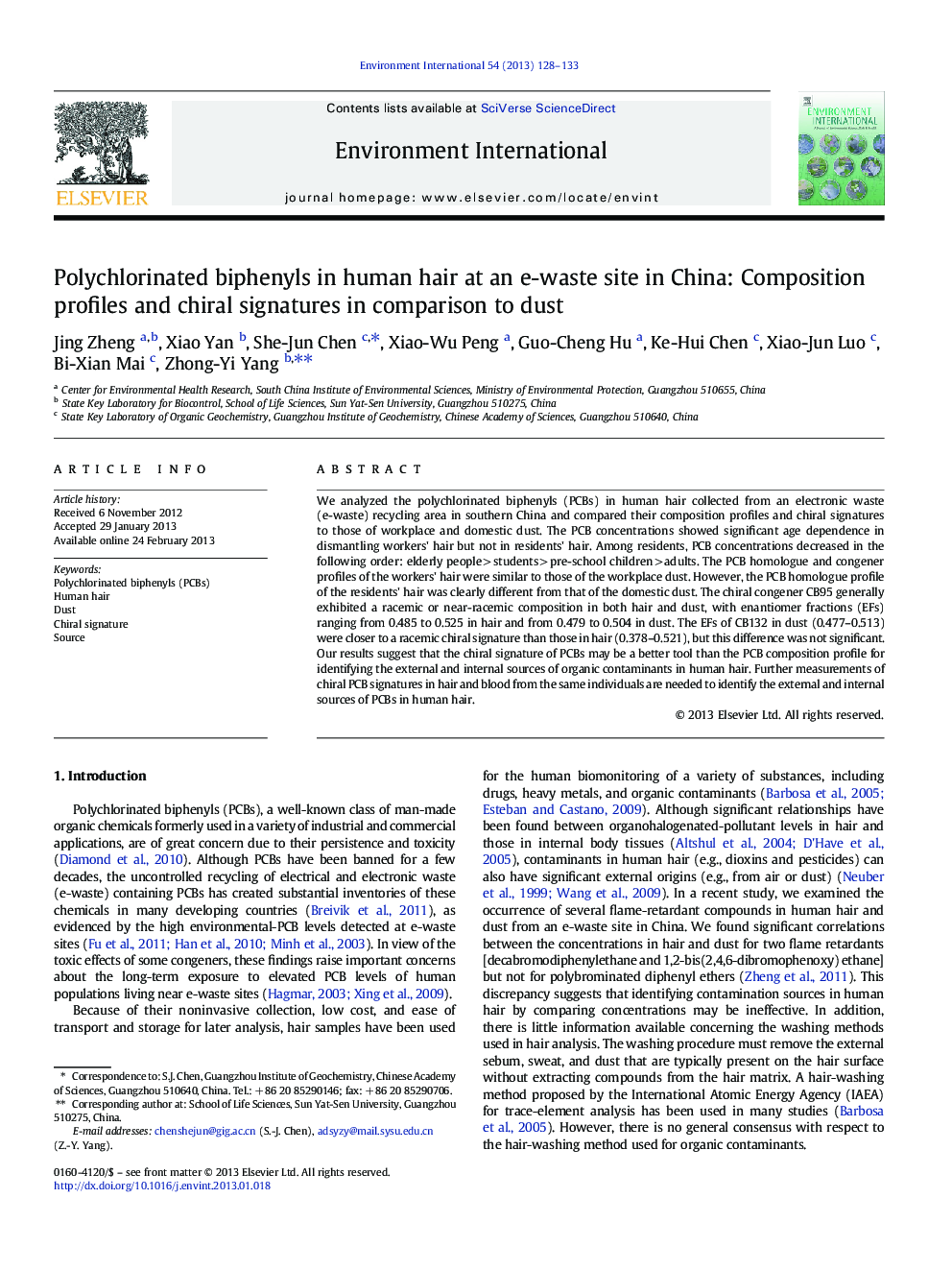 Polychlorinated biphenyls in human hair at an e-waste site in China: Composition profiles and chiral signatures in comparison to dust