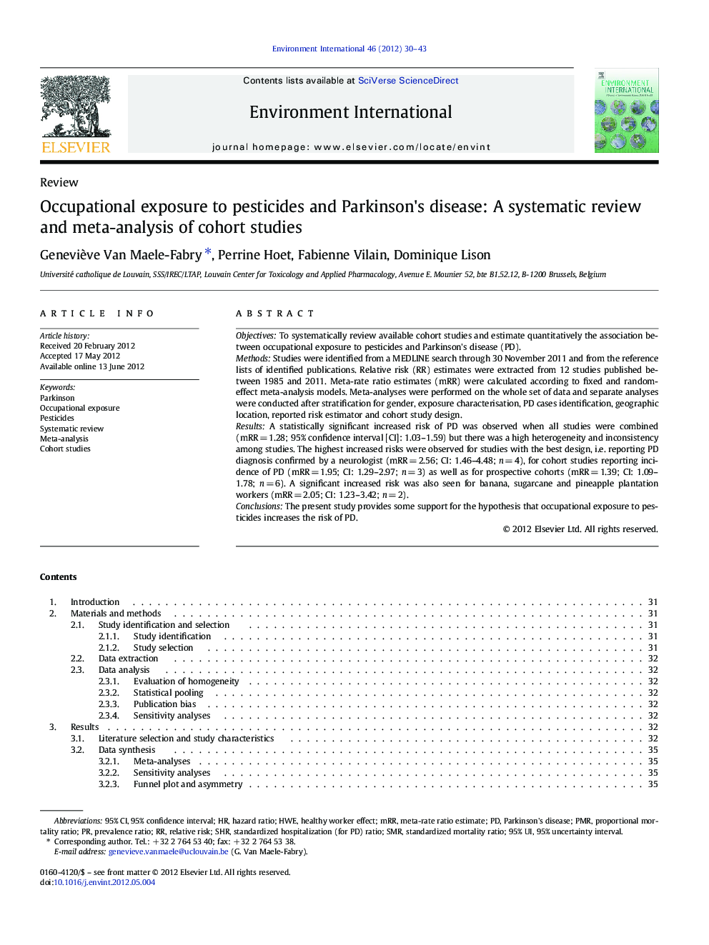 Occupational exposure to pesticides and Parkinson's disease: A systematic review and meta-analysis of cohort studies