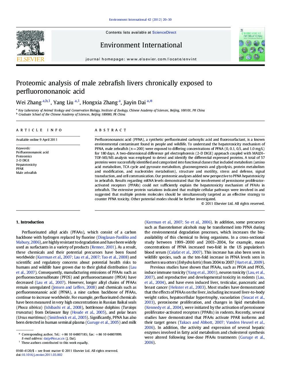 Proteomic analysis of male zebrafish livers chronically exposed to perfluorononanoic acid