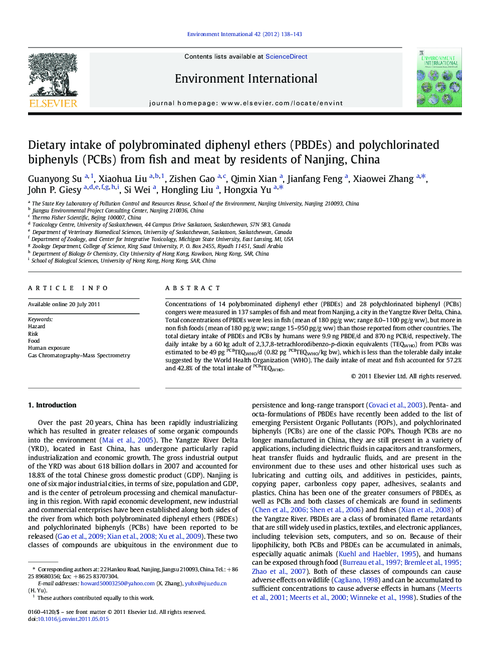 Dietary intake of polybrominated diphenyl ethers (PBDEs) and polychlorinated biphenyls (PCBs) from fish and meat by residents of Nanjing, China