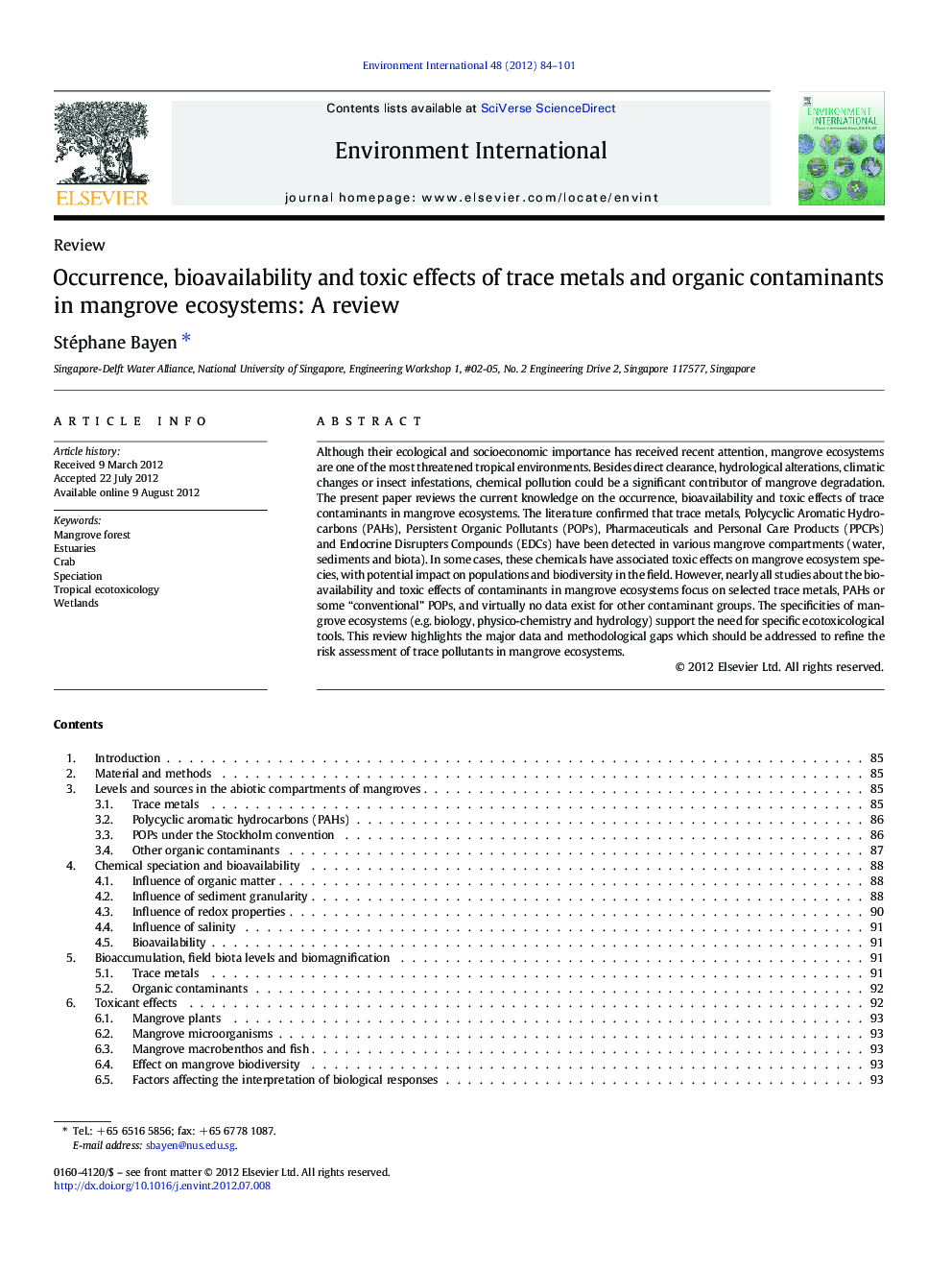 Occurrence, bioavailability and toxic effects of trace metals and organic contaminants in mangrove ecosystems: A review