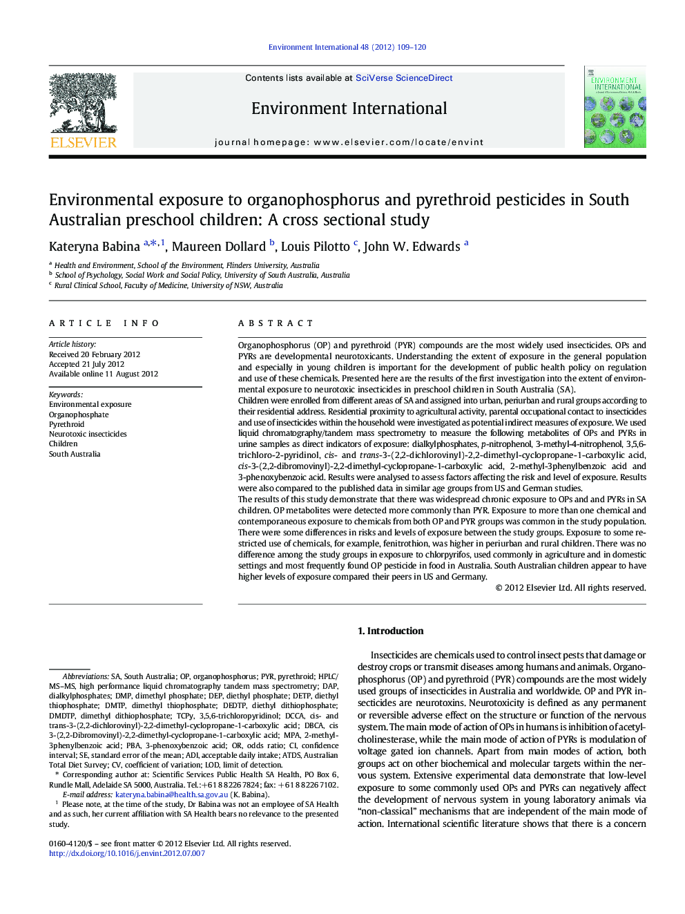 Environmental exposure to organophosphorus and pyrethroid pesticides in South Australian preschool children: A cross sectional study