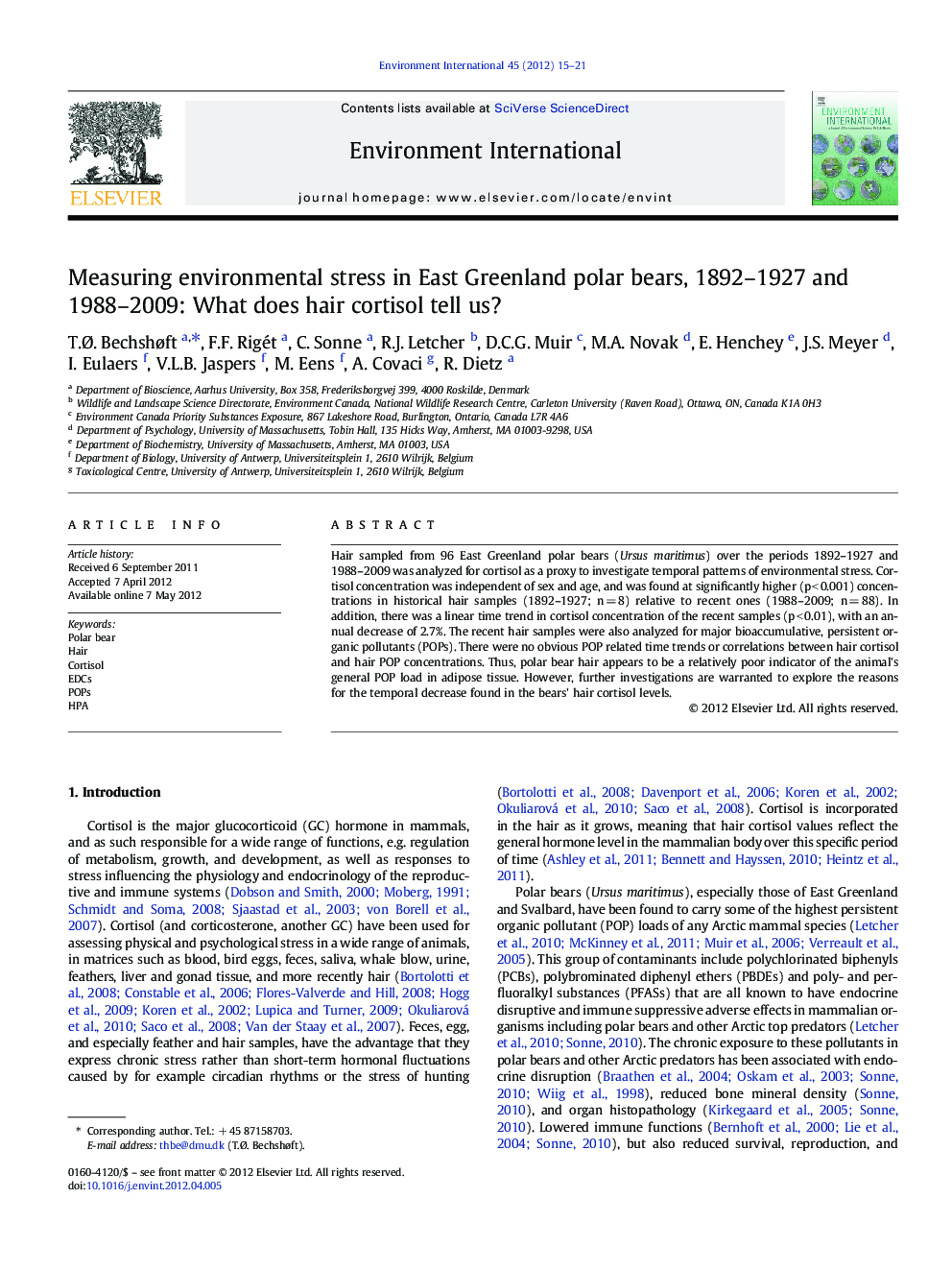 Measuring environmental stress in East Greenland polar bears, 1892–1927 and 1988–2009: What does hair cortisol tell us?