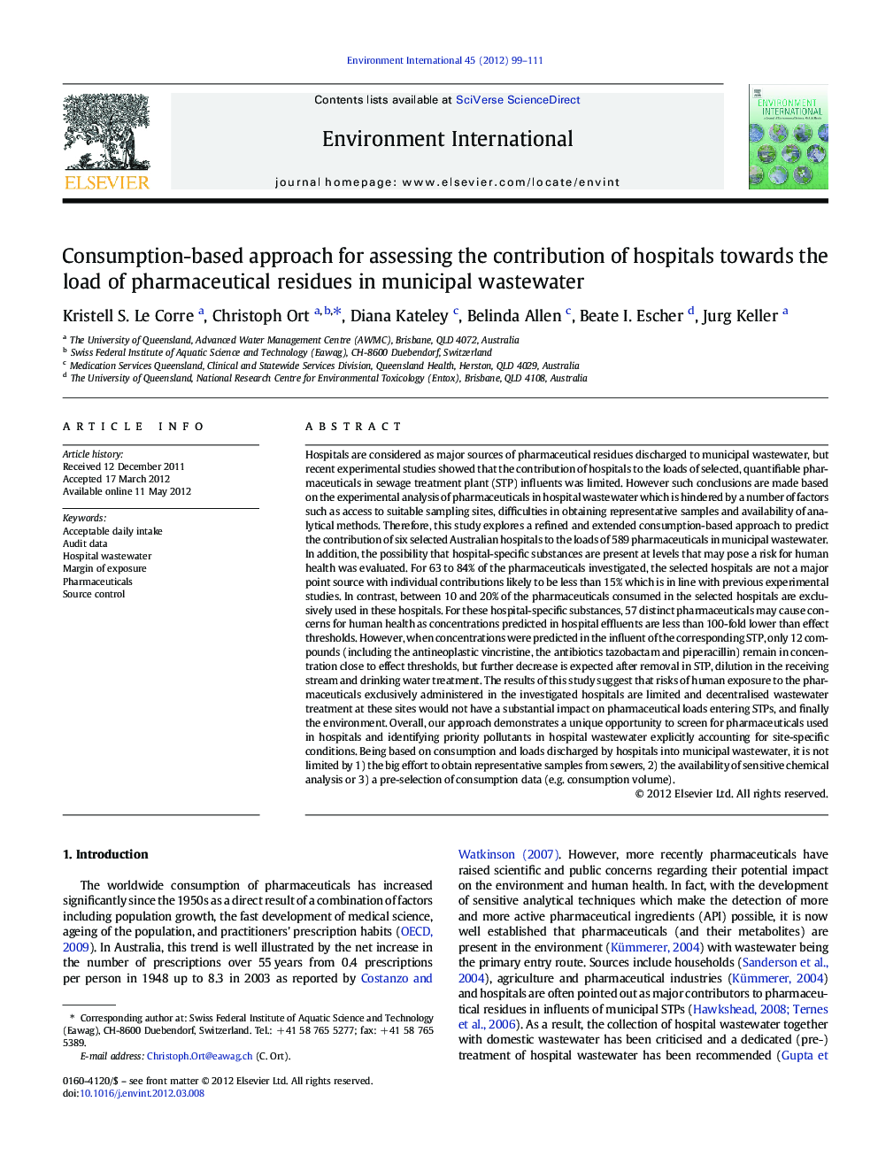 Consumption-based approach for assessing the contribution of hospitals towards the load of pharmaceutical residues in municipal wastewater