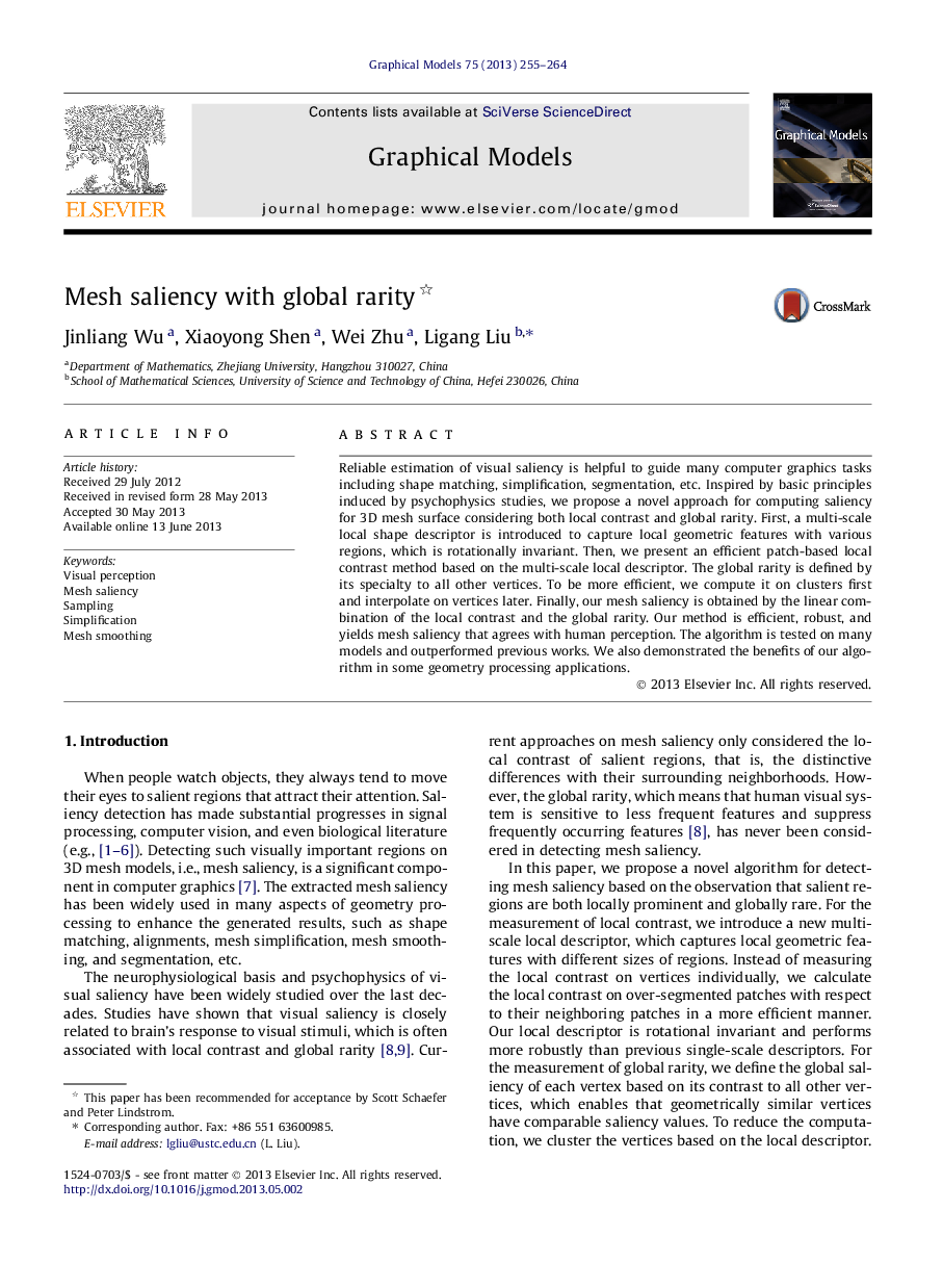 Mesh saliency with global rarity 