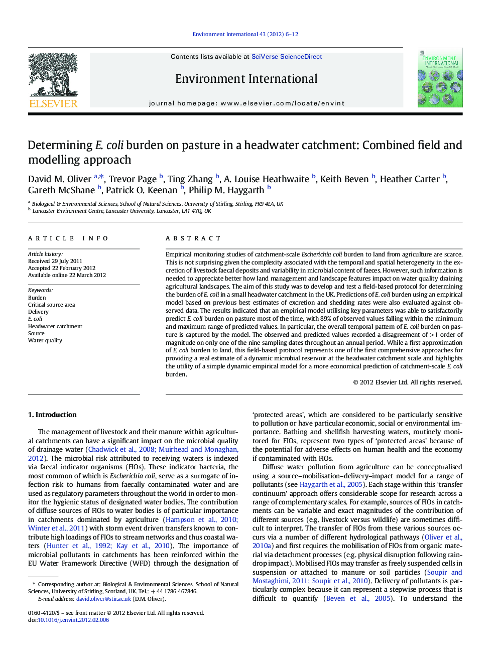 Determining E. coli burden on pasture in a headwater catchment: Combined field and modelling approach