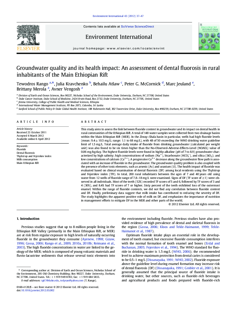 Groundwater quality and its health impact: An assessment of dental fluorosis in rural inhabitants of the Main Ethiopian Rift