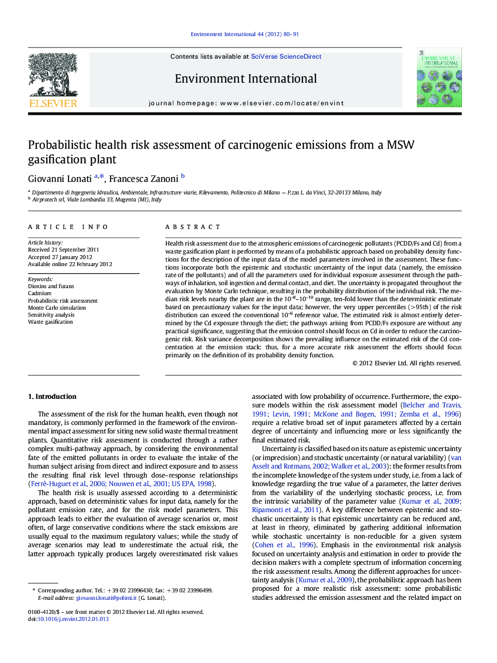 Probabilistic health risk assessment of carcinogenic emissions from a MSW gasification plant