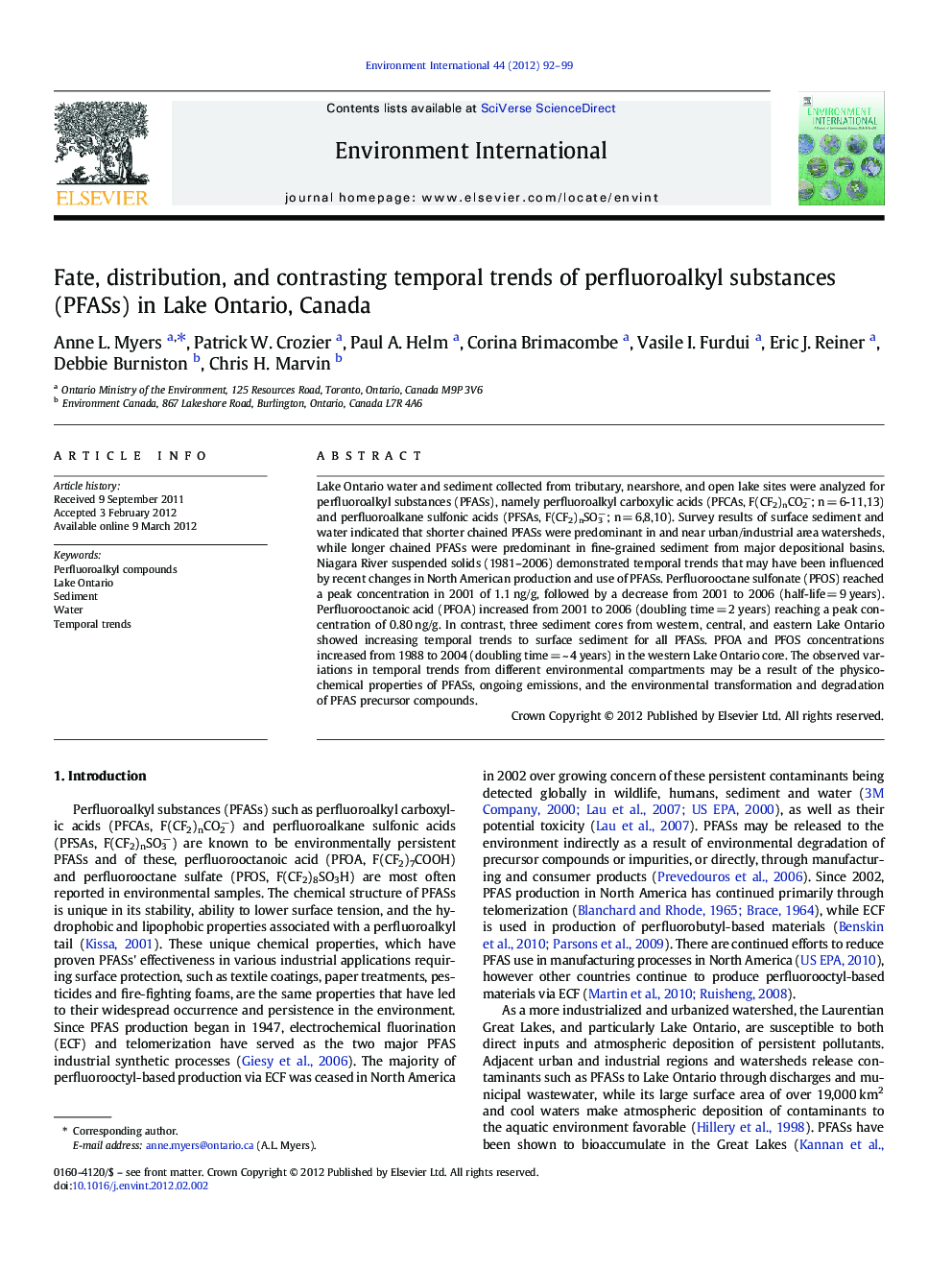 Fate, distribution, and contrasting temporal trends of perfluoroalkyl substances (PFASs) in Lake Ontario, Canada