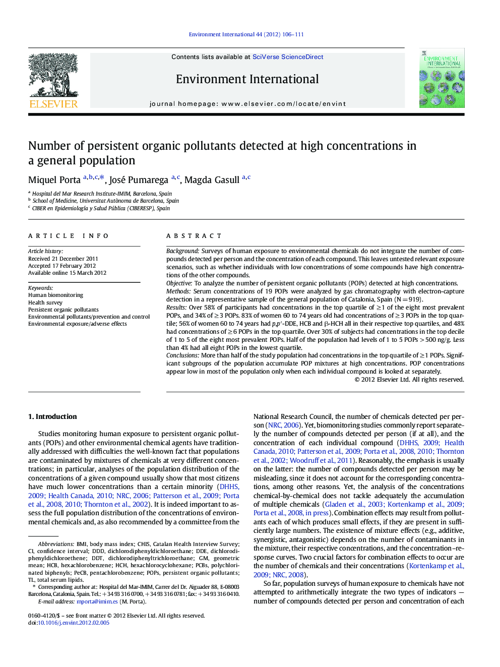 Number of persistent organic pollutants detected at high concentrations in a general population