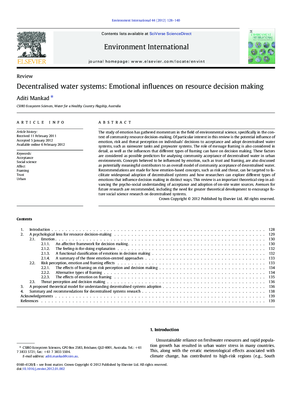 Decentralised water systems: Emotional influences on resource decision making