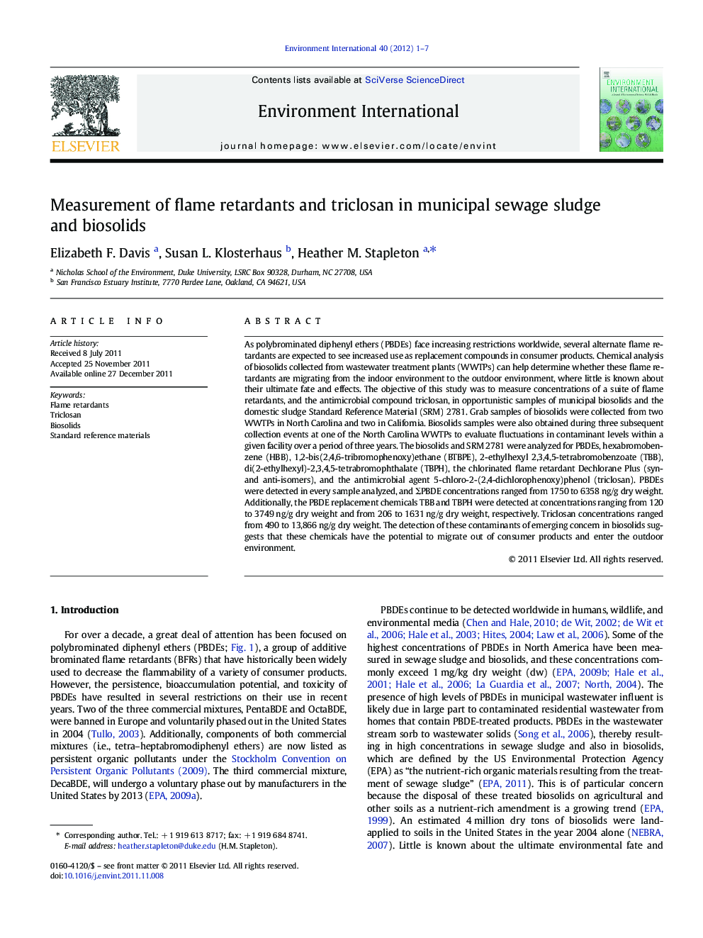 Measurement of flame retardants and triclosan in municipal sewage sludge and biosolids