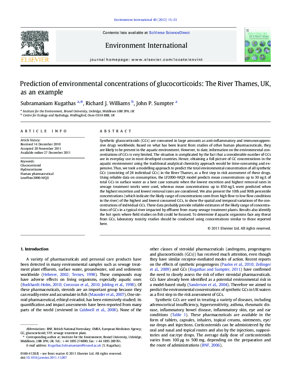 Prediction of environmental concentrations of glucocorticoids: The River Thames, UK, as an example