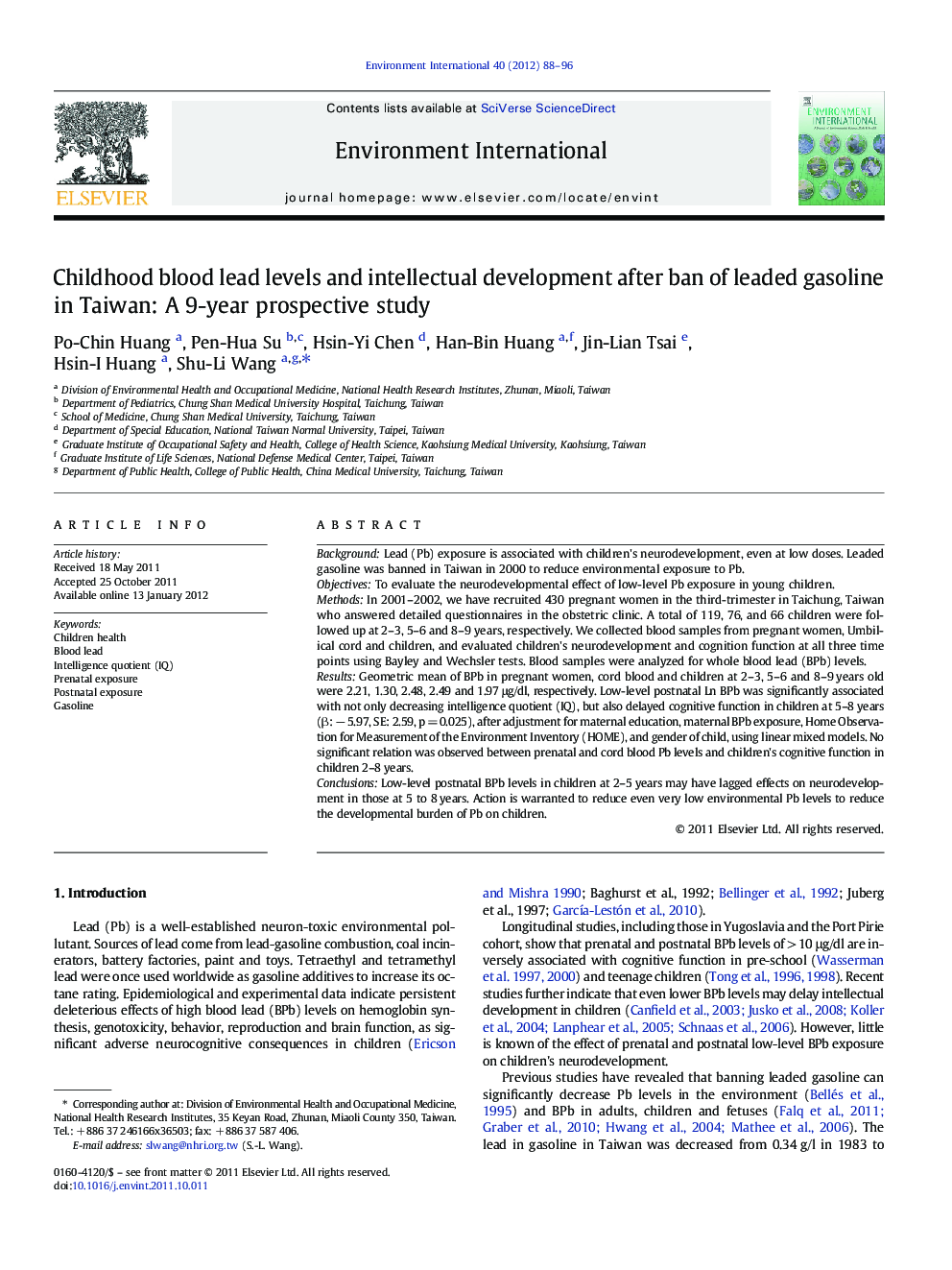 Childhood blood lead levels and intellectual development after ban of leaded gasoline in Taiwan: A 9-year prospective study