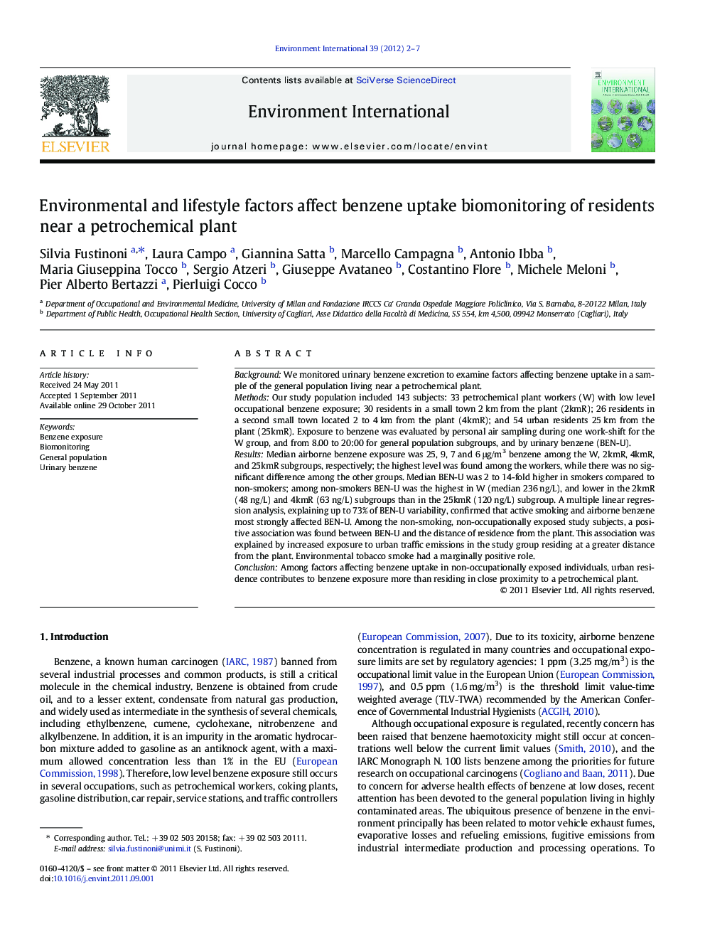 Environmental and lifestyle factors affect benzene uptake biomonitoring of residents near a petrochemical plant