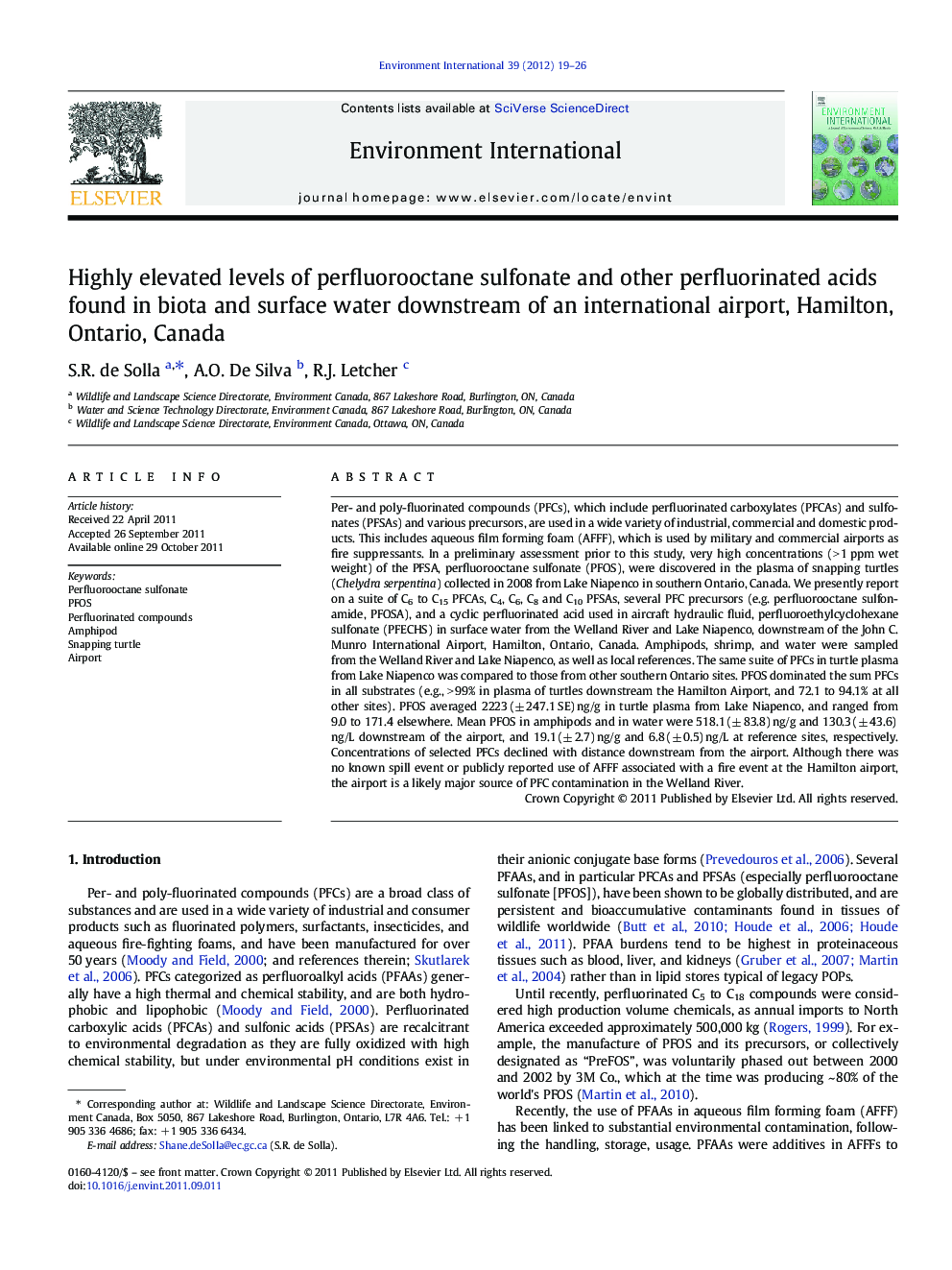 Highly elevated levels of perfluorooctane sulfonate and other perfluorinated acids found in biota and surface water downstream of an international airport, Hamilton, Ontario, Canada