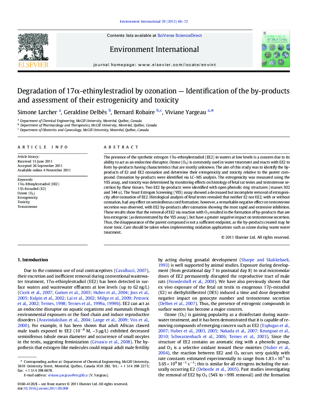 Degradation of 17α-ethinylestradiol by ozonation — Identification of the by-products and assessment of their estrogenicity and toxicity