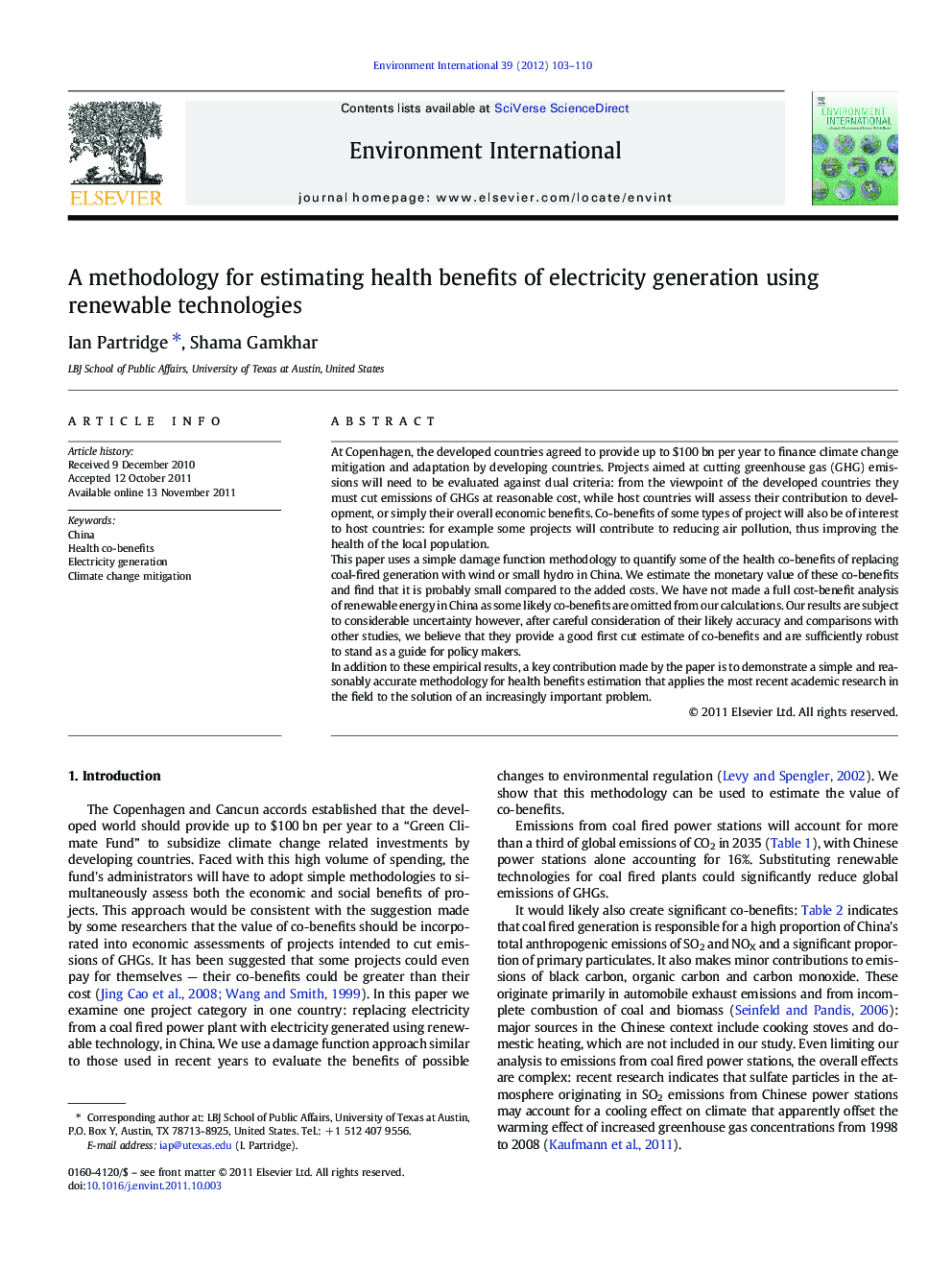 A methodology for estimating health benefits of electricity generation using renewable technologies