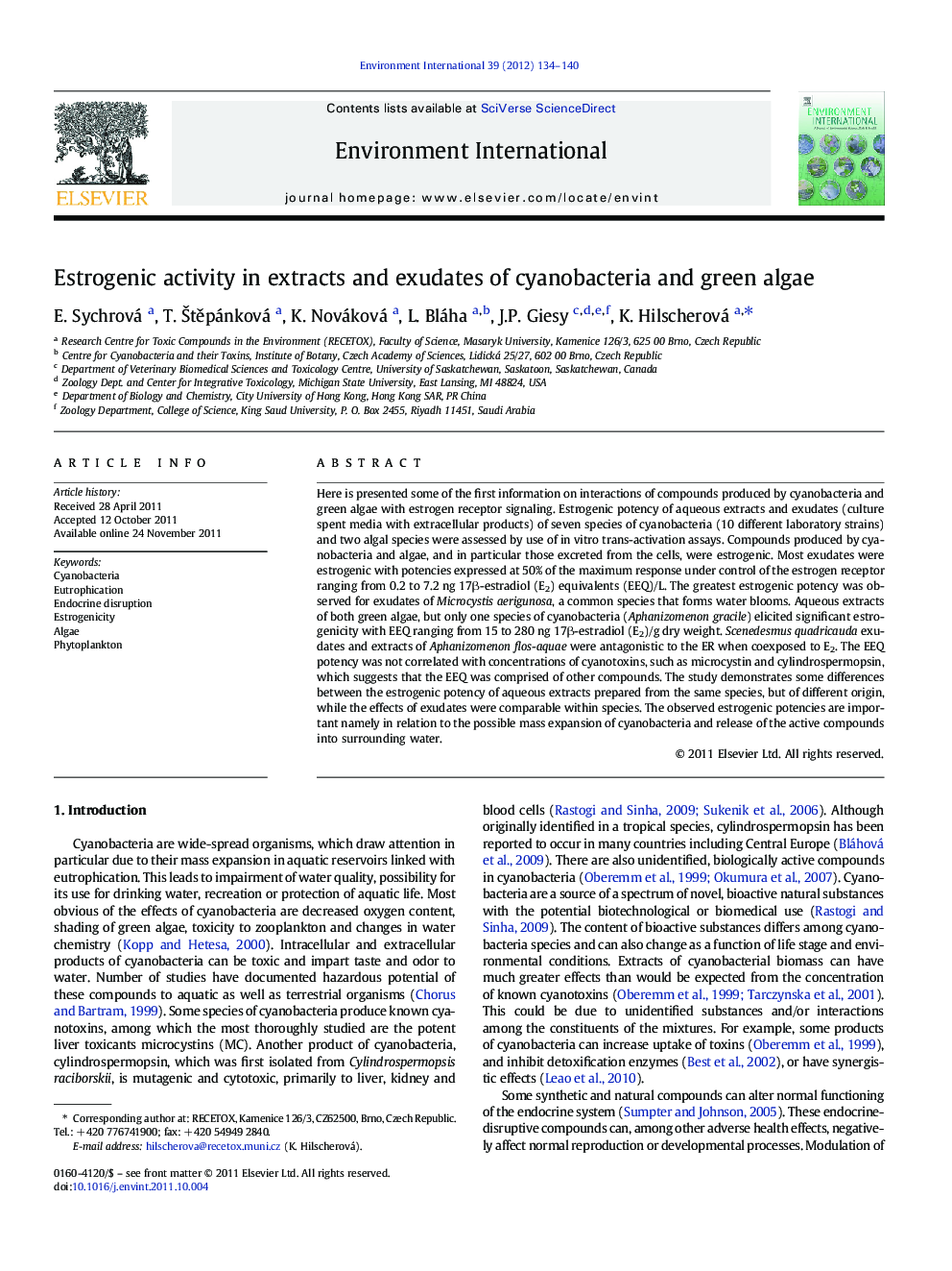 Estrogenic activity in extracts and exudates of cyanobacteria and green algae