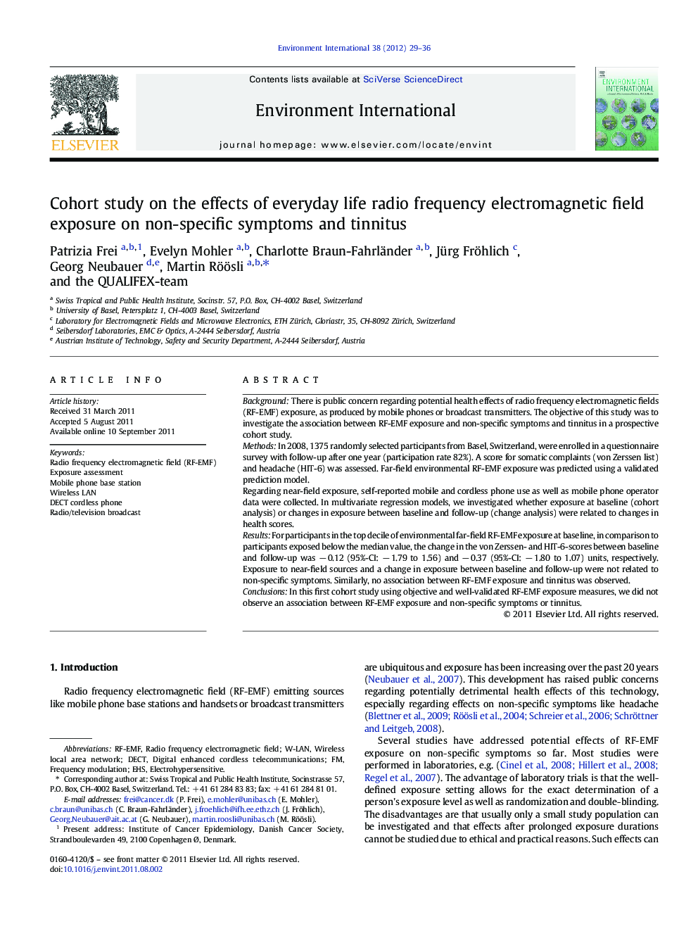 Cohort study on the effects of everyday life radio frequency electromagnetic field exposure on non-specific symptoms and tinnitus