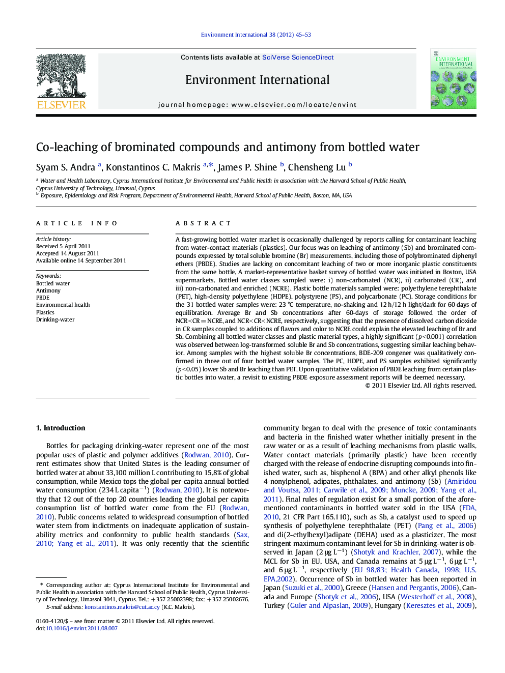 Co-leaching of brominated compounds and antimony from bottled water