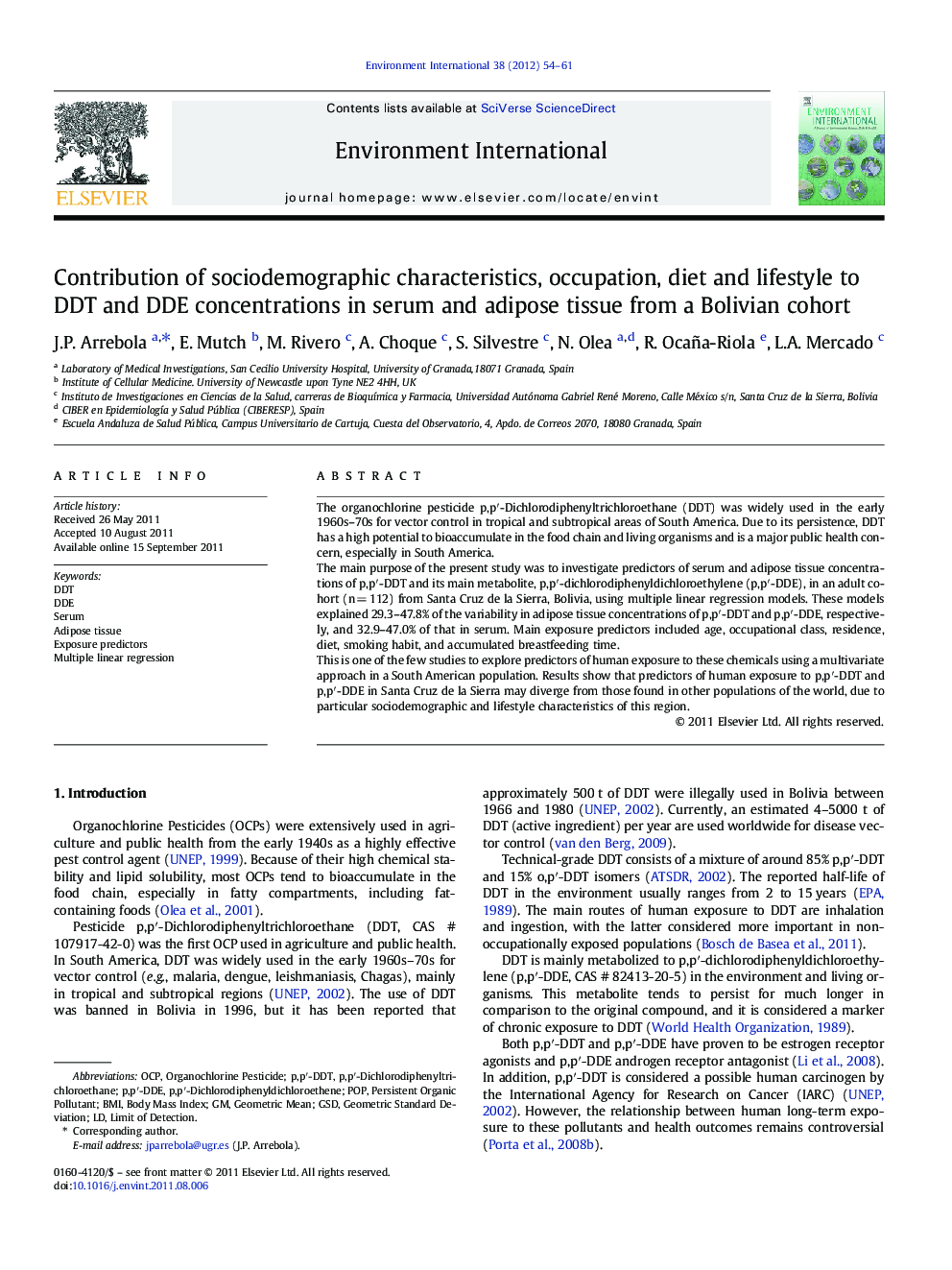 Contribution of sociodemographic characteristics, occupation, diet and lifestyle to DDT and DDE concentrations in serum and adipose tissue from a Bolivian cohort