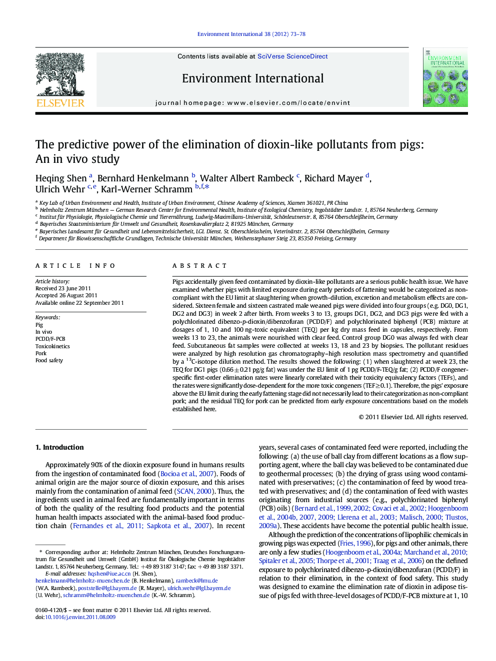 The predictive power of the elimination of dioxin-like pollutants from pigs: An in vivo study